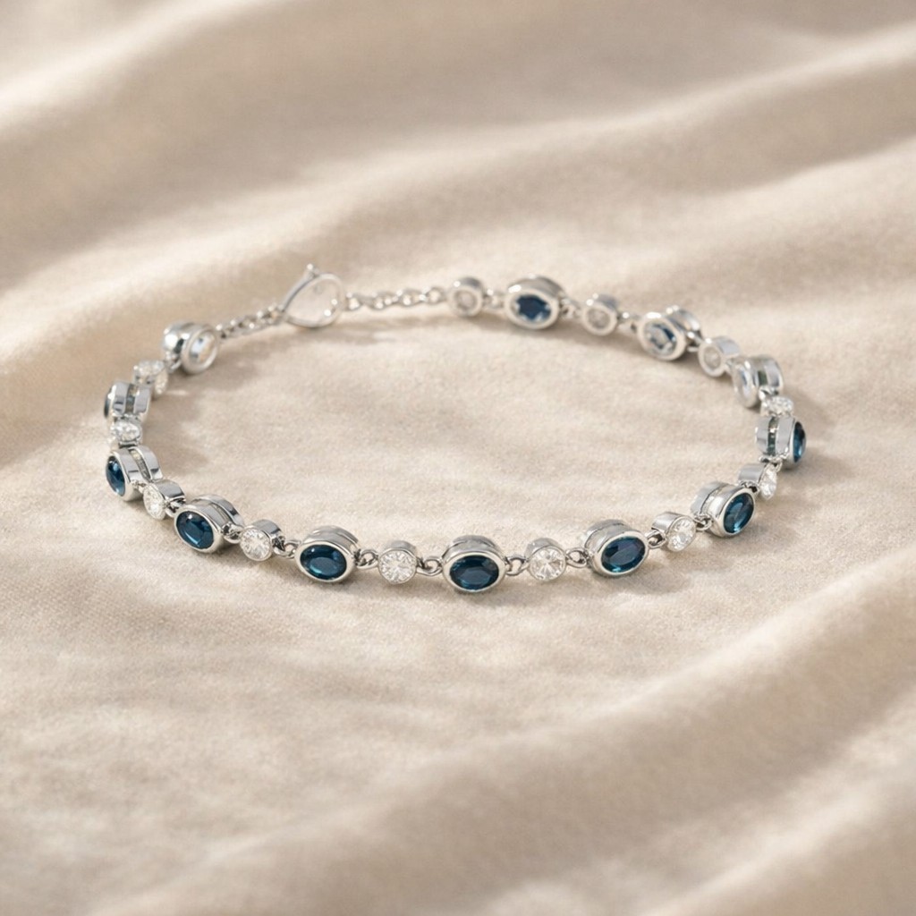 London Blue Topaz Diamond Sterling Silver Tennis Bracelet December Birth #1002
