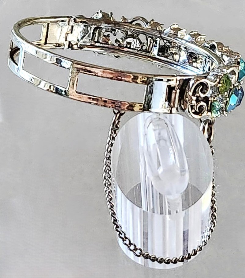 Lisner Vintage Rhinestone Bracelet & Earrings Blues Greens ABs Silver-Tone