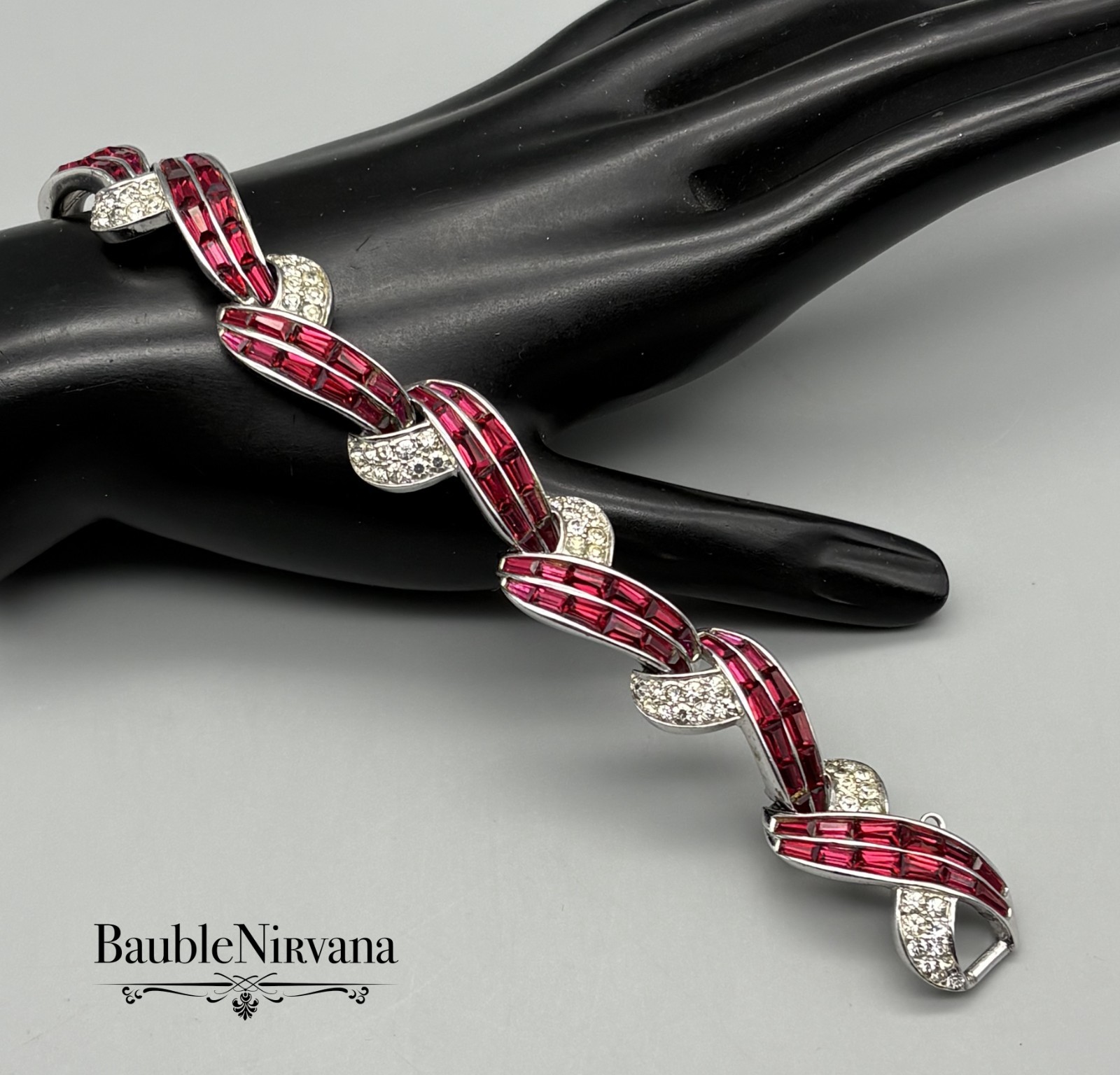 Vintage Boucher Cross Over Link Bracelet Red Baguettes&Clear Crystal Stones