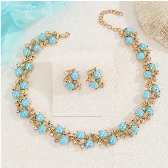 JEWELRY SET-Elegant Blue Flower Gold Tone Necklace Set with Rhinestone Accents