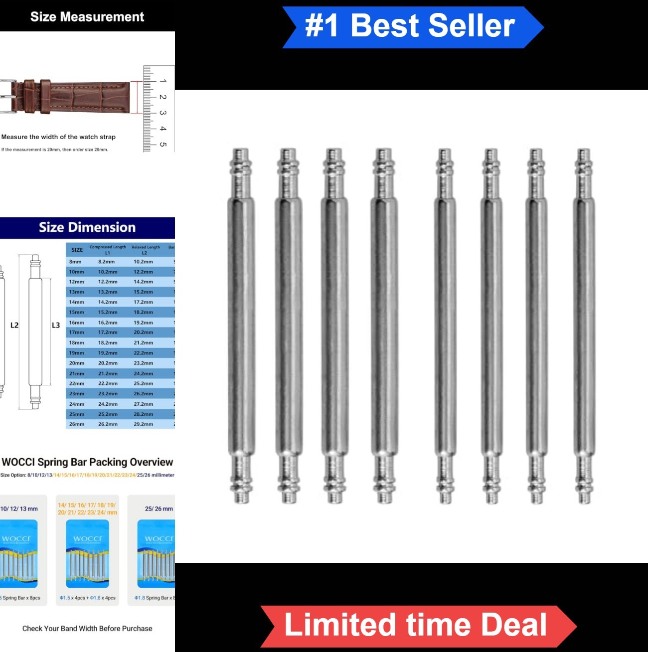 Watch Spring Bars 22mm Stainless Steel Double Flange Pins 1.5mm 1.8mm Set of 8