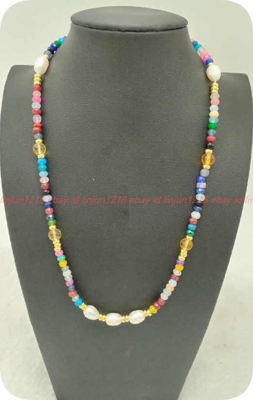 Natural 2x4mm Multicolor Jade White Freshwater Pearl Gems Beads Necklace 16-28in