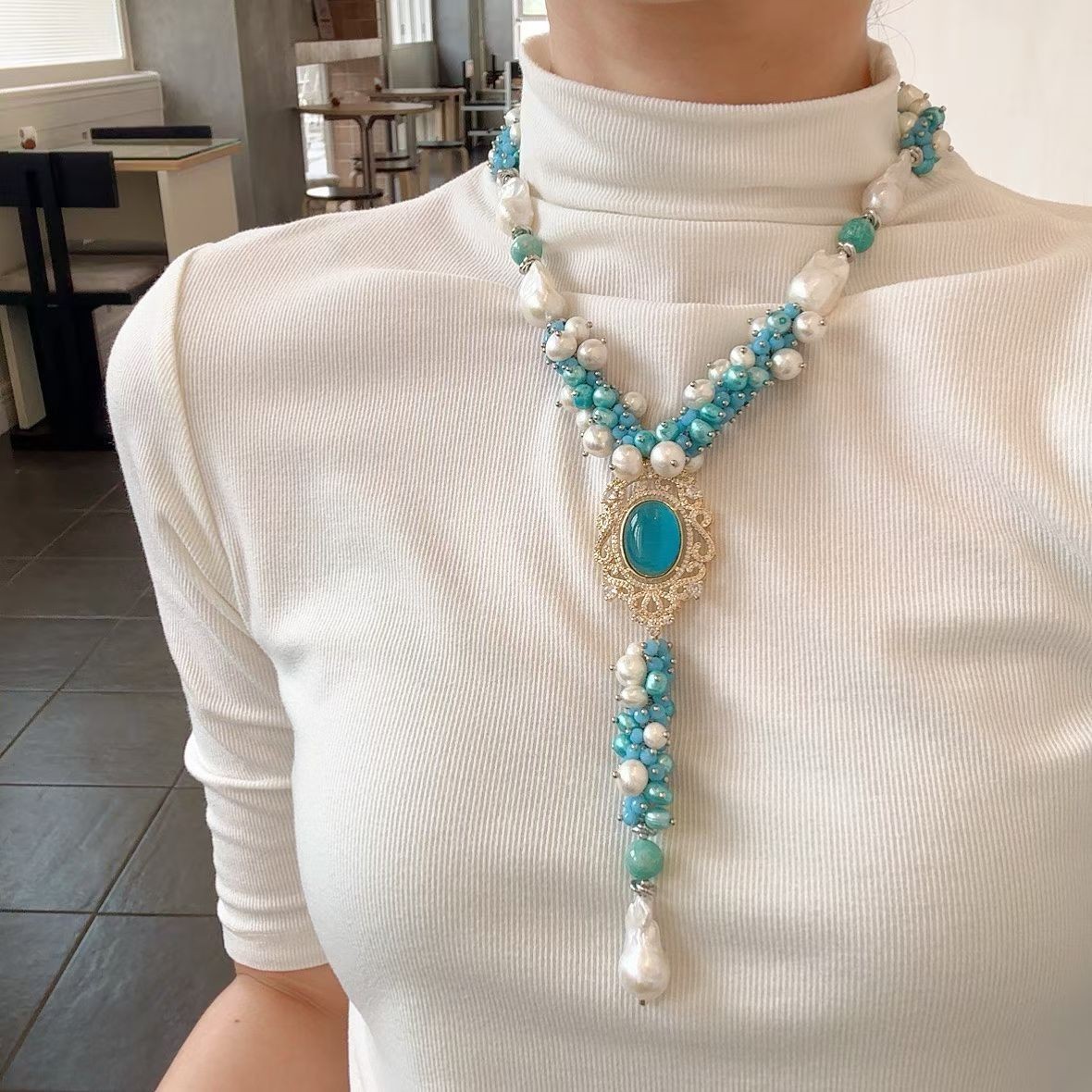 blue white south sea pearl necklace