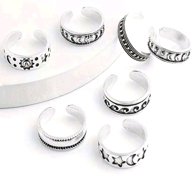 Set Of 7 TOE RINGS Beach Vacation Theme Sun Moon Star Waves Stainless Free Ship