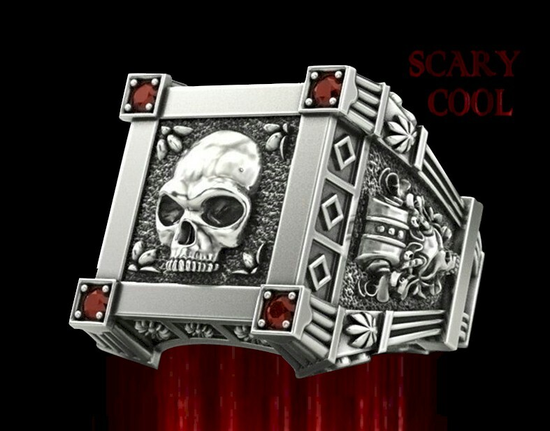New Skull Skeleton Red Crystal Embossed Head Silver Mens Gothic Biker Ring