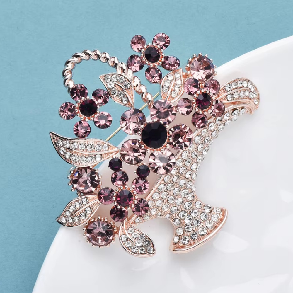 Luxury Easter Spring Flower Basket Brooch Sparkling Rhinestone Pin Jewelry Gift
