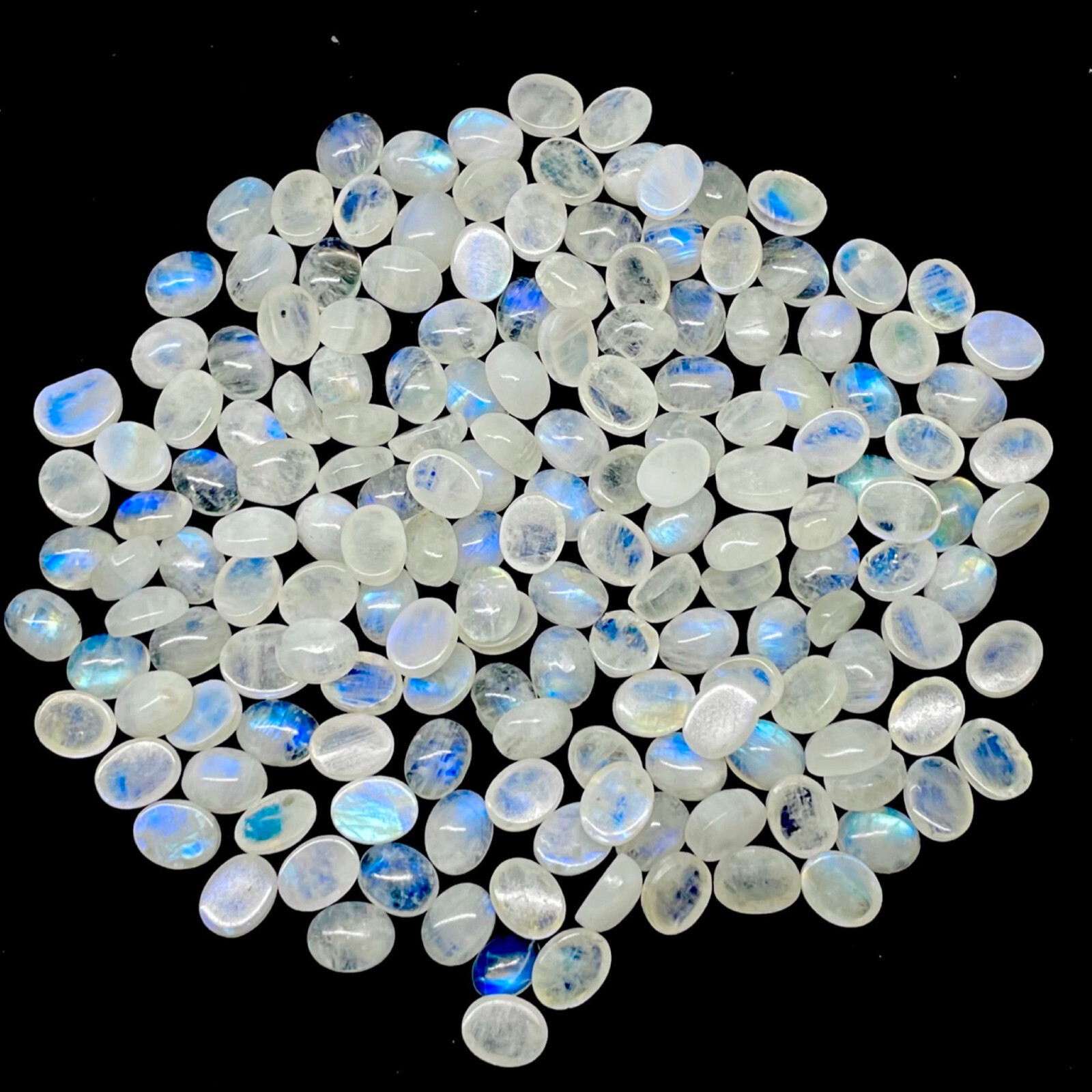 50 Pcs Natural Rainbow Moonstone 9x7mm Oval Blue Shines Cabochon Gemstones Lot