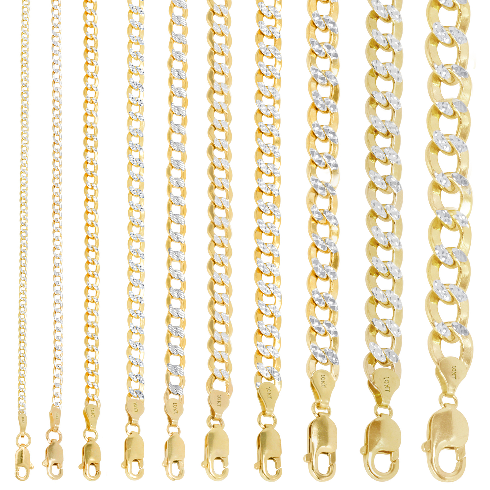 10K Yellow Gold 2mm-8.5mm Diamond Cut Pave Cuban Chain Necklace Bracelet 7″- 30″