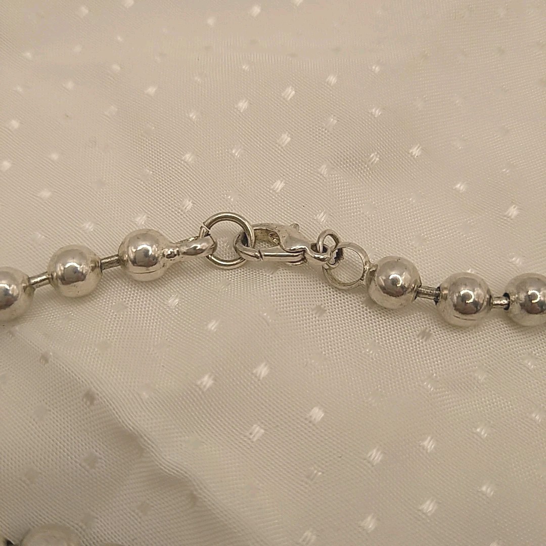 Silver Tone Ball Chain Choker Necklace Bracelet Set With Rectangle Black Stone