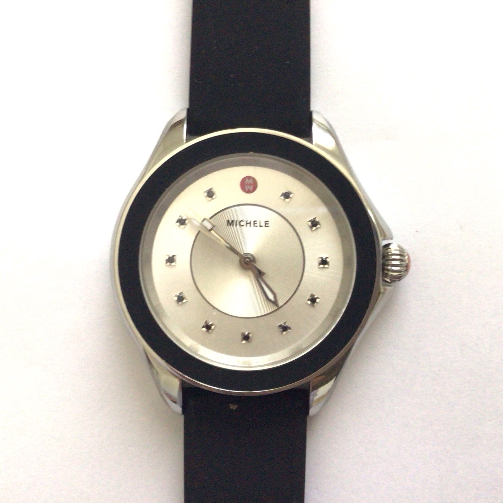 Michele Cape Diamond White Face Black Bezel Silicone Band Watch MWW27A000012