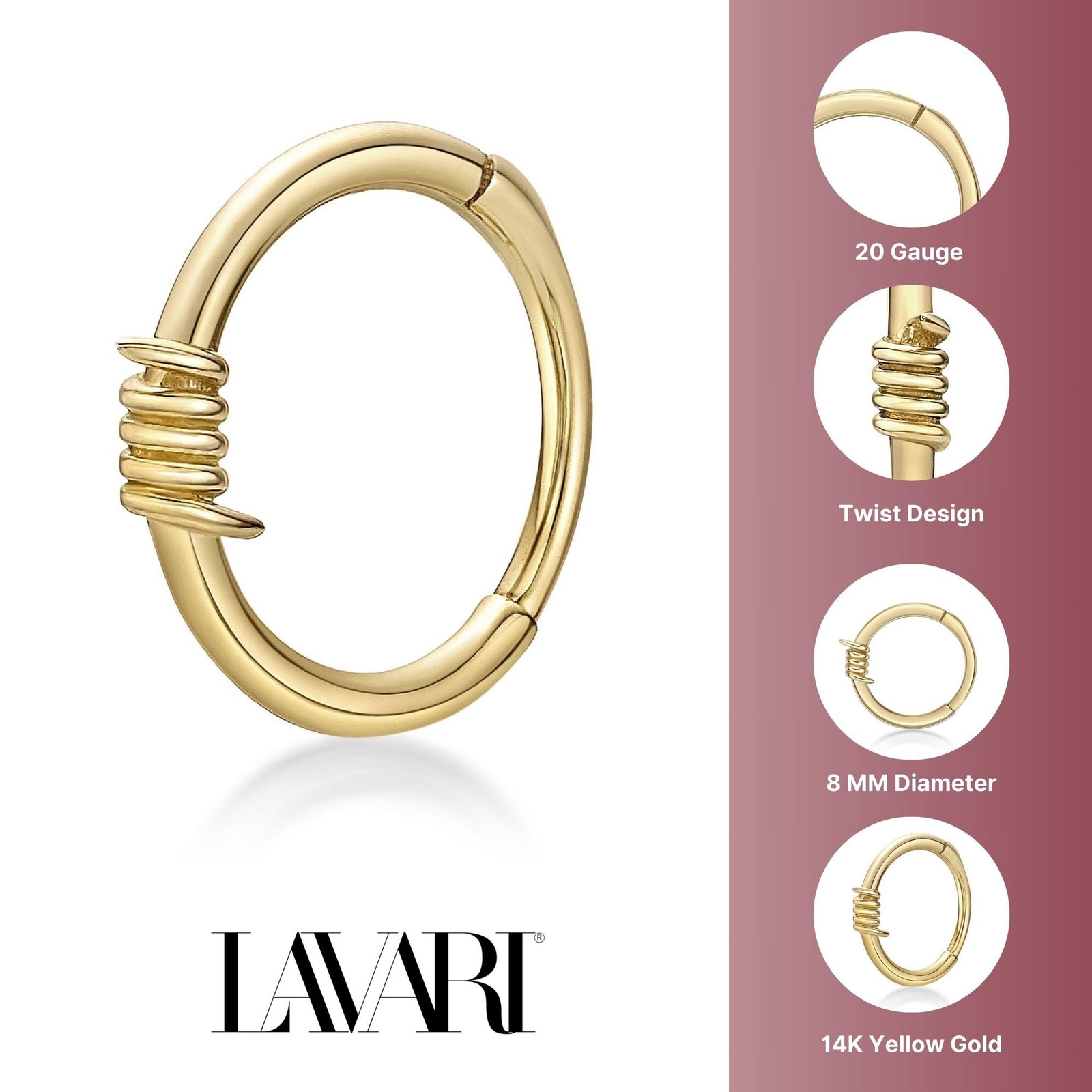20 Gauge Barbed Wire Multi Area Hoop Earring in 14K Yellow Gold with Hinge Post
