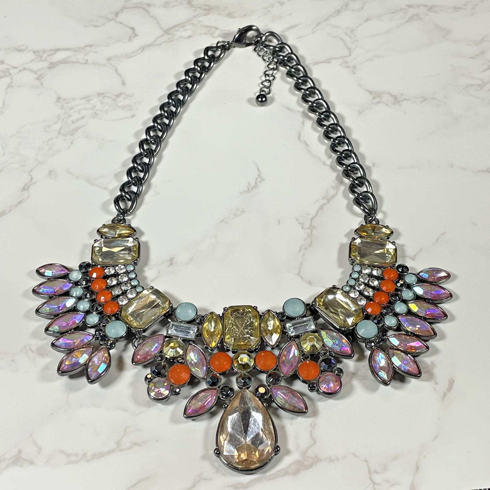 Multicolor Rhinestone Statement Bib Necklace Gunmetal Chain Iridescent Crystal