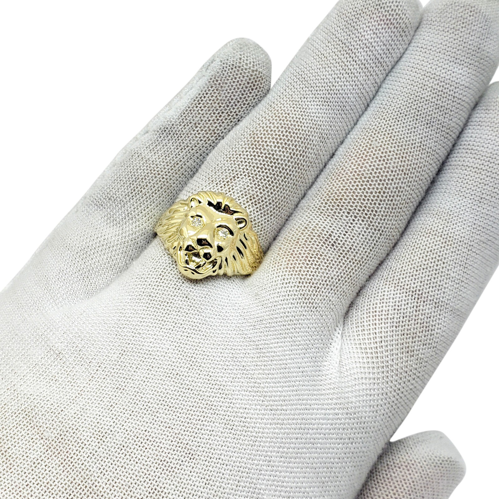 Solid 14K Yellow Gold Mens Lion Ring with Diamond Eyes Size 5 – 15