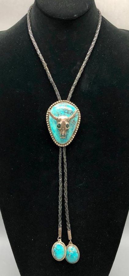 Turquoise Steer Head Bolo Tie Western Silver Leather Cord Statement Piece
