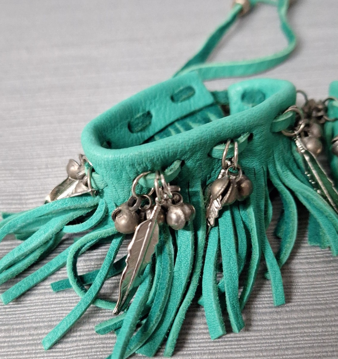Pair of Faux Leather Bracelet Green Fringe Cuffs Bell Feather Bead Boho Festival