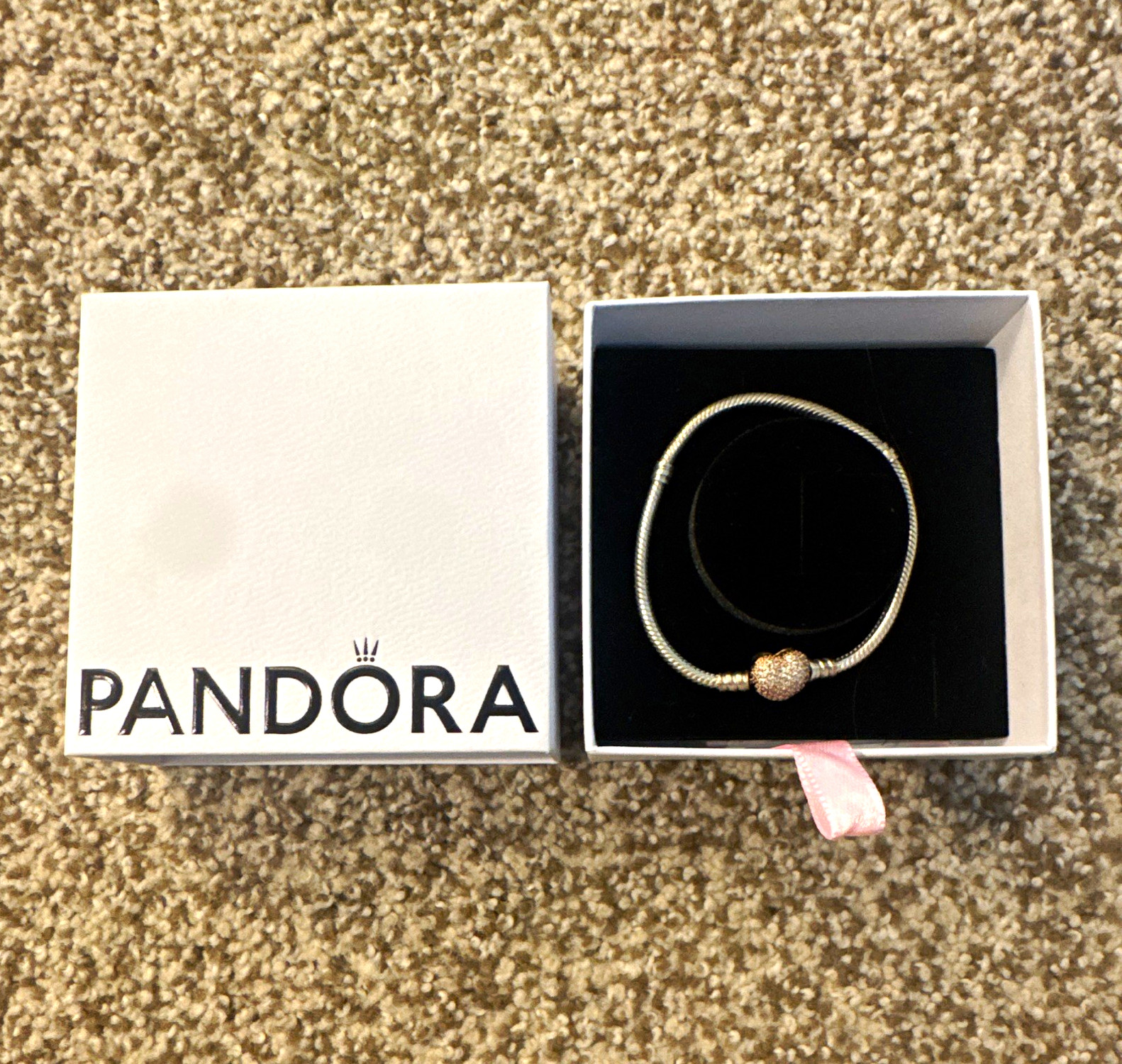 PANDORA 925 Sterling Silver Snake Chain Bangle Bracelet Pavé CZ Barrel Clasp
