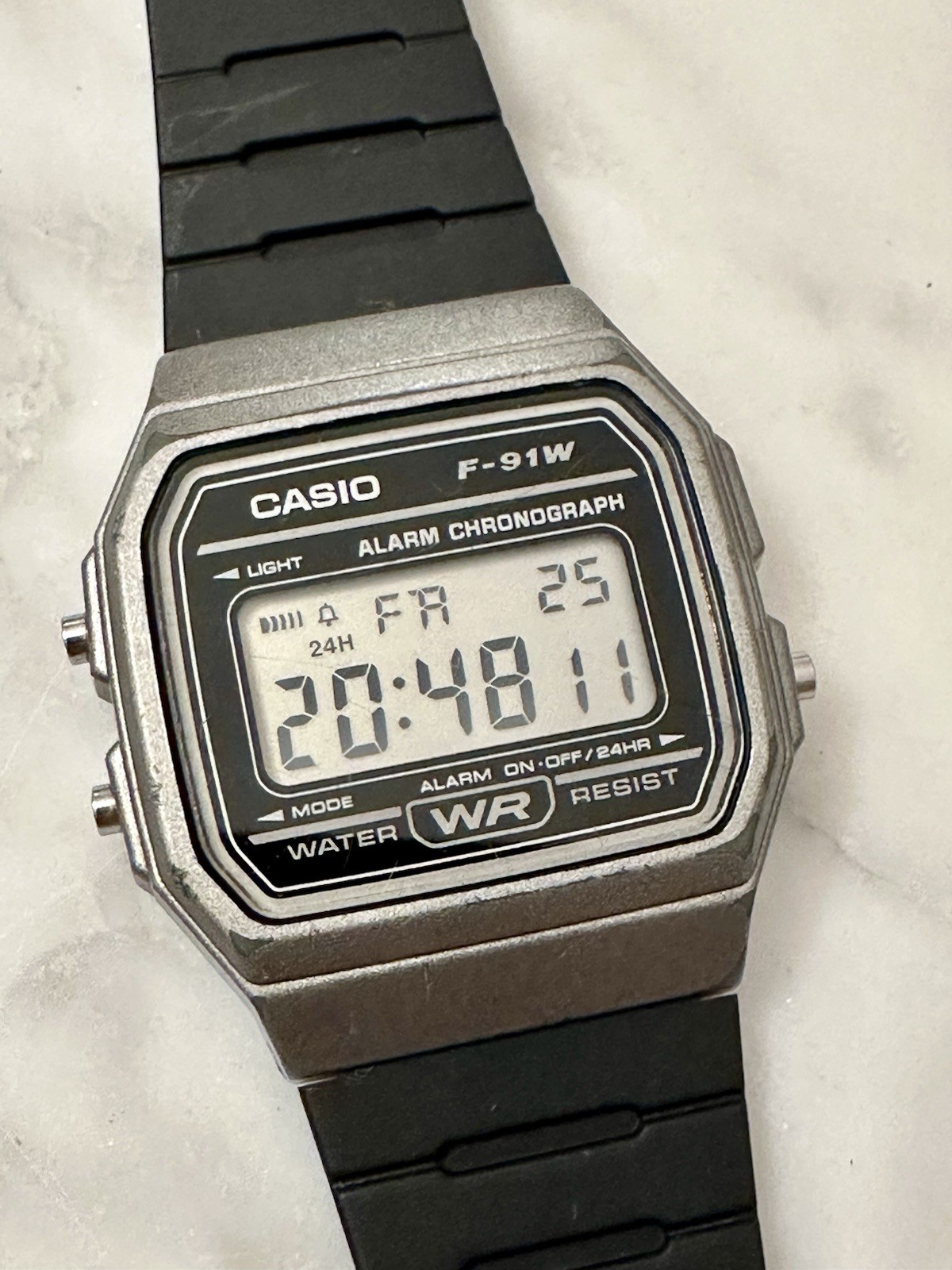 Casio F-91W Digital Wristwatch Black Resin Band Silver Case Alarm Chronograph