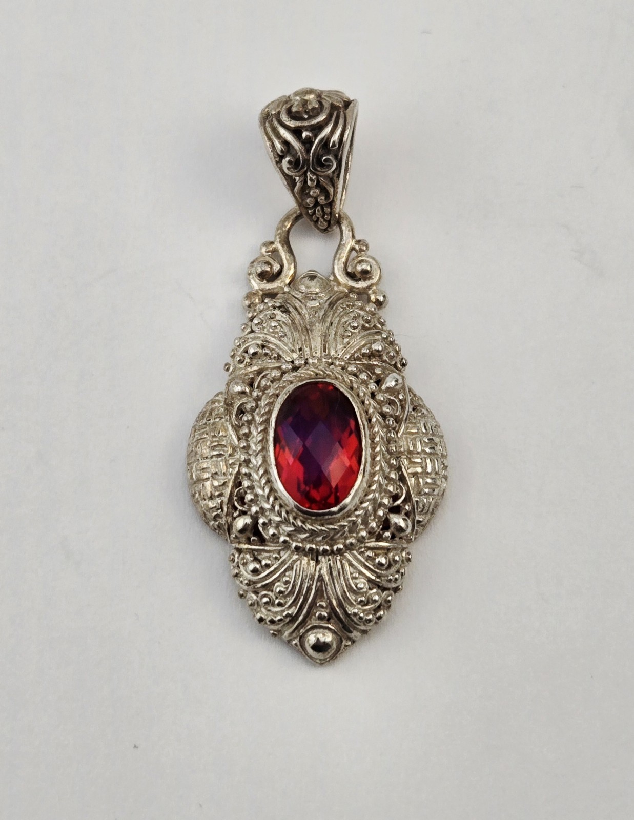 Sterling Silver Red Gemstone Sarda Filigree Pendant Bali Enhancer – 12.0g