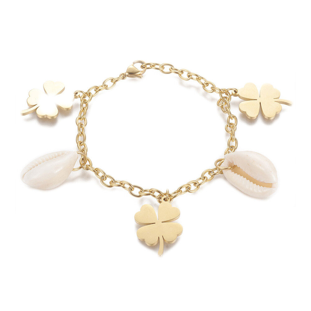 Stainless Steel Charm Bracelet Cowrie Shell Saint Benedict Medal Gold 7.7″ Z64