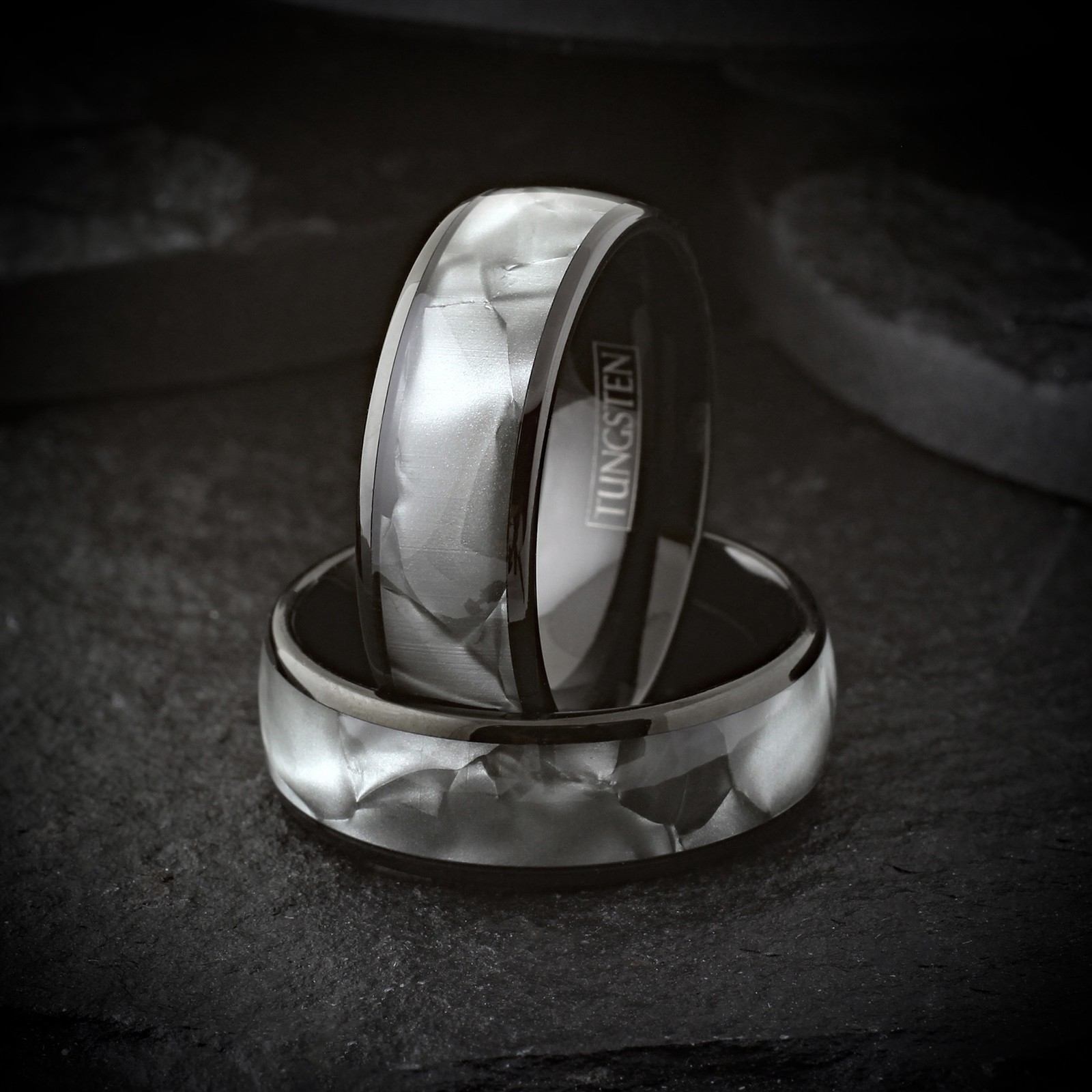 CLOSEOUT! Black Tungsten Carbide Men’s Faux White Shell Wedding Band Ring