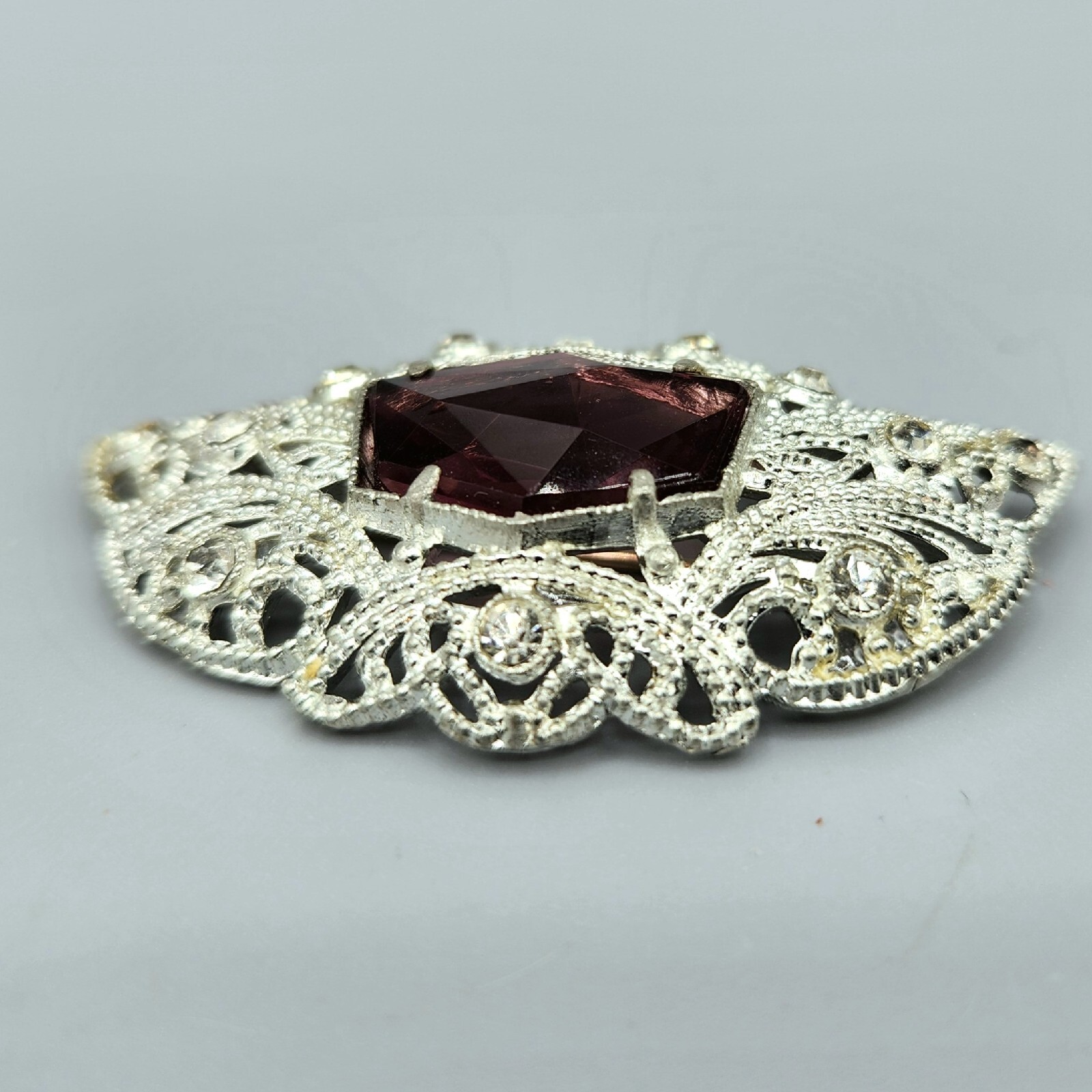 Art Deco Little Nemo L/M Signed Purple Hexagon Glass & Paste Pot Metal Brooch