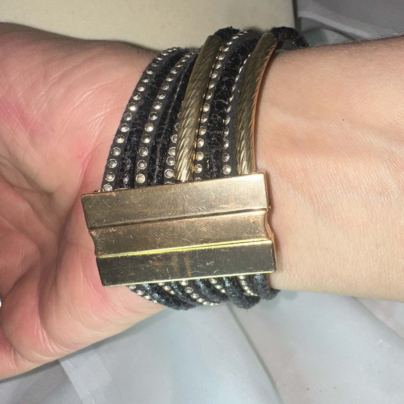 Black Faux Leather Multi-Row Wrap Cuff Bracelet, Gold-Tone Magnetic Clasp