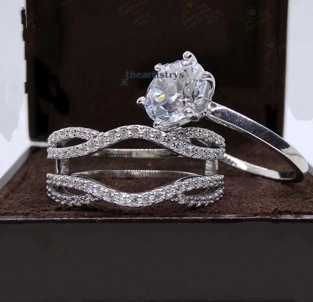Moissanite Bridal Set Engagement Ring Solid 14K White Gold 2.70 Carat Round Cut