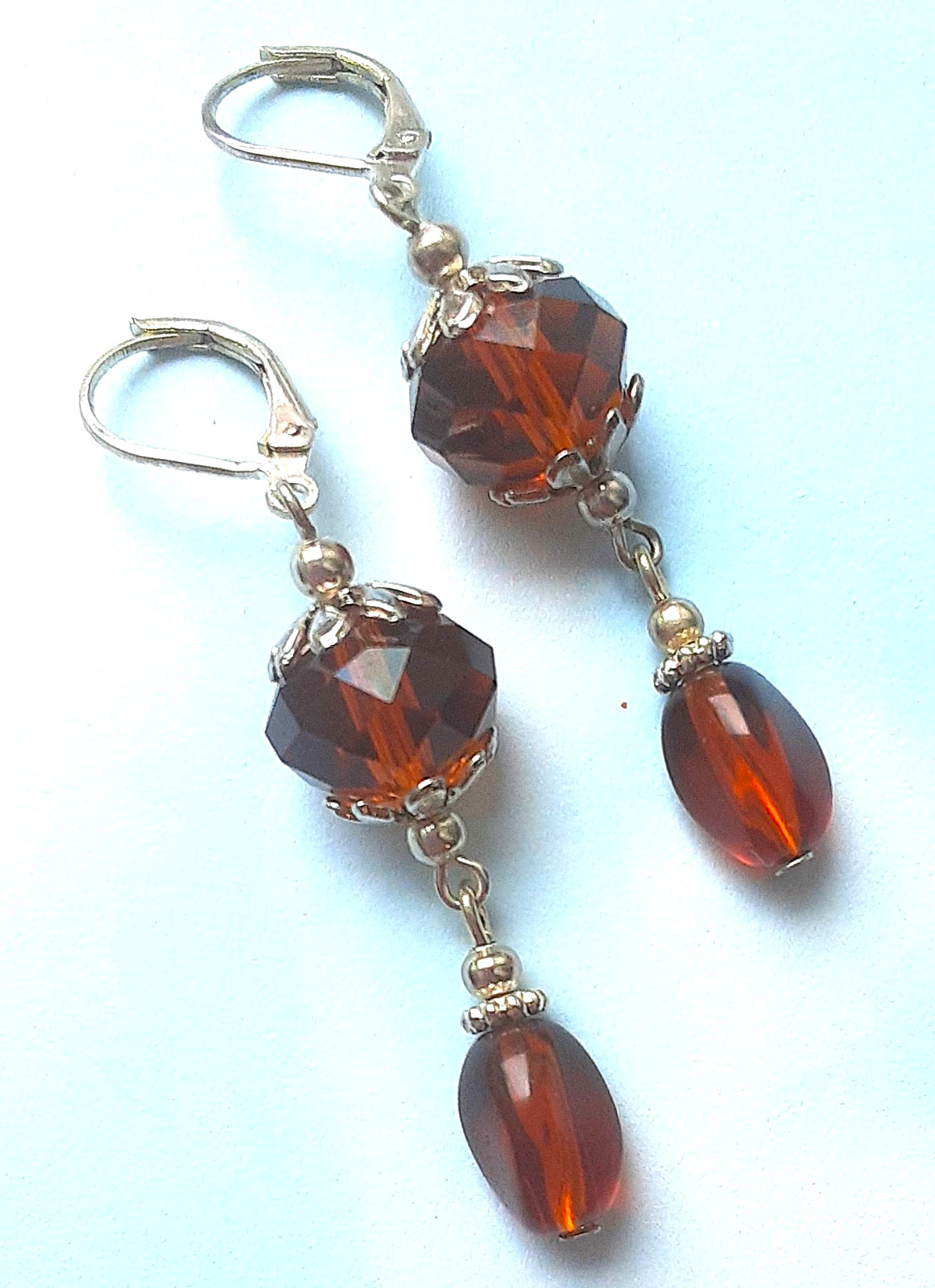 faceted dark TOPAZ color CRYSTAL dangle earring SP LEVER BACK handcrafted X2