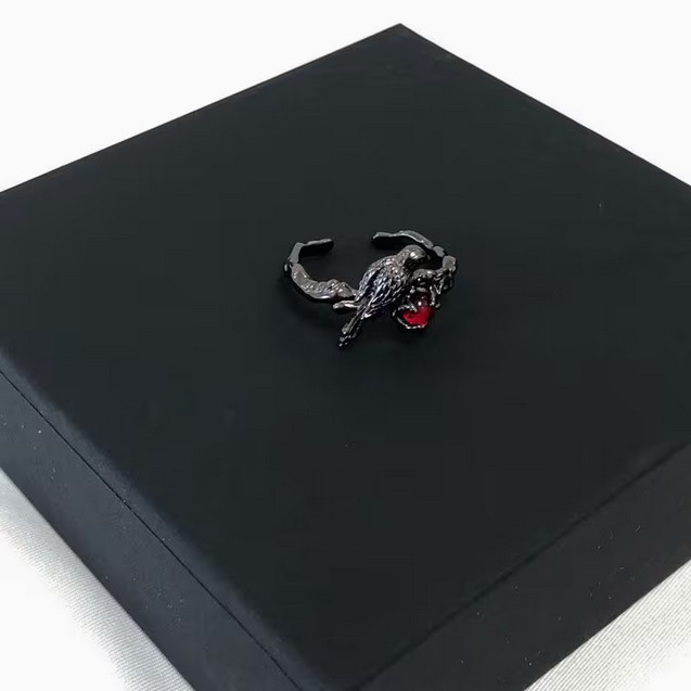 Black Rave/Crow Ring – Gothic Artisan Rings, Promise Cubic Red Zirconia