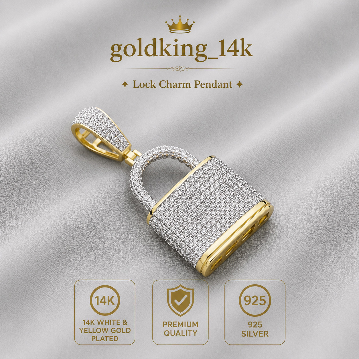 Lock Charm 3 Inch Pendant simulated Diamond 14K Yellow Gold Plated 925 Silver