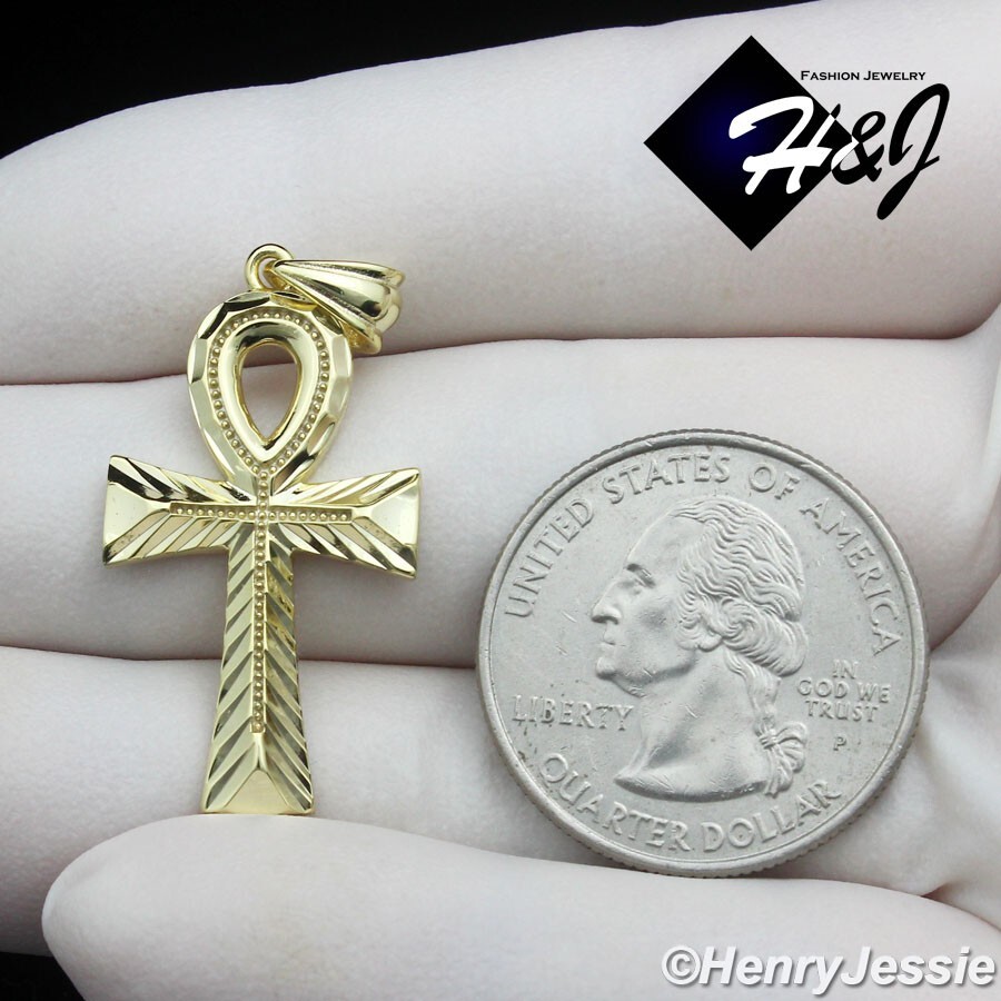 MEN 925 STERLING SILVER MOON CUT PLAIN GOLD PLATED ANKH KEY CROSS PENDANT*GP467