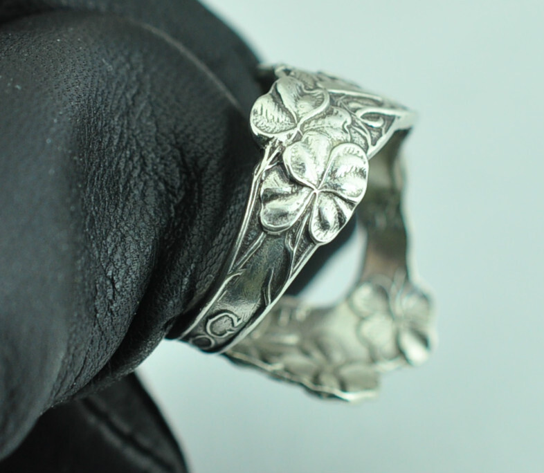 Solid 925 Sterling Silver Four-Leaf-Clover Horseshoe Adjustable Spoon Ring