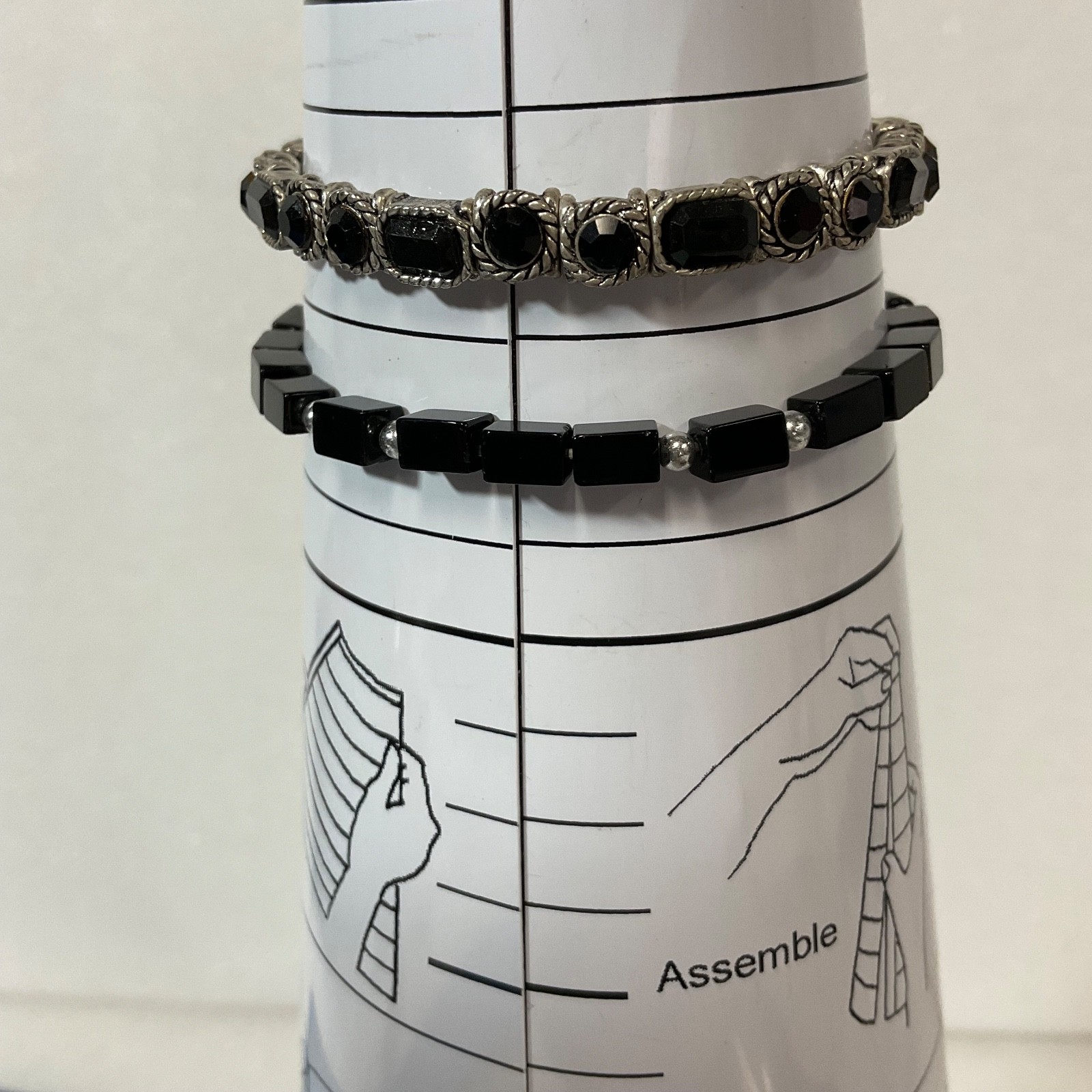 6in & 6.5in Black Beaded Bracelet Pair Silver Tone Stretch Jewelry Set