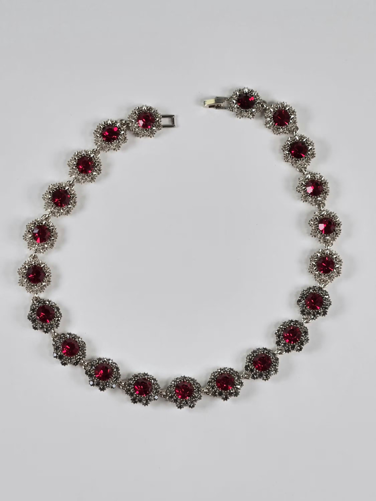 Simulated Red Statement Choker, Rhinestone Silver Tone Necklace