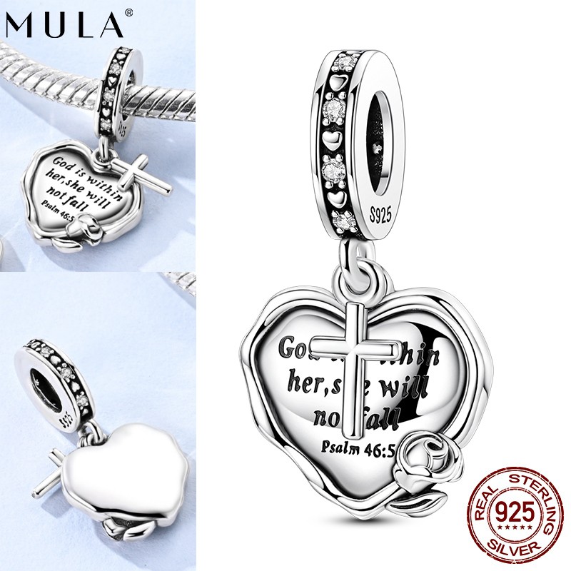 MULA 925 Sterling Silver DIY Charm AAA CZ Bible Heart Pendant for Women Bracelet