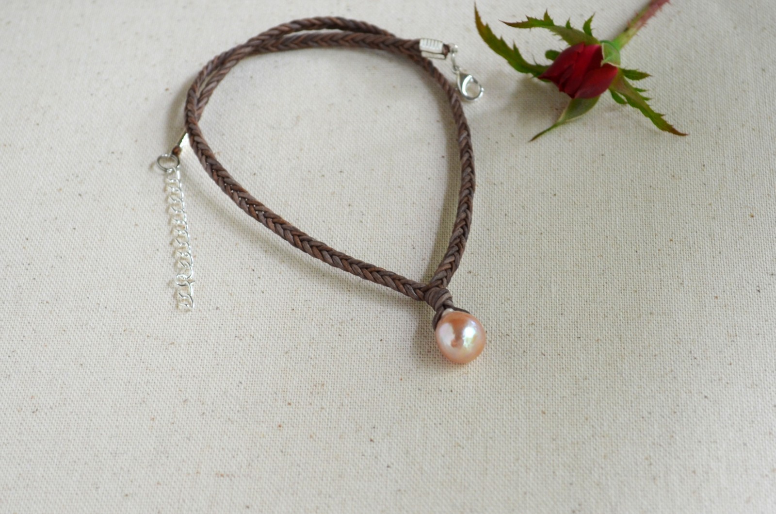 Edison Pearl Necklace Pink 12x15mm Braided Leather Cord Minimalist Pendant 16″