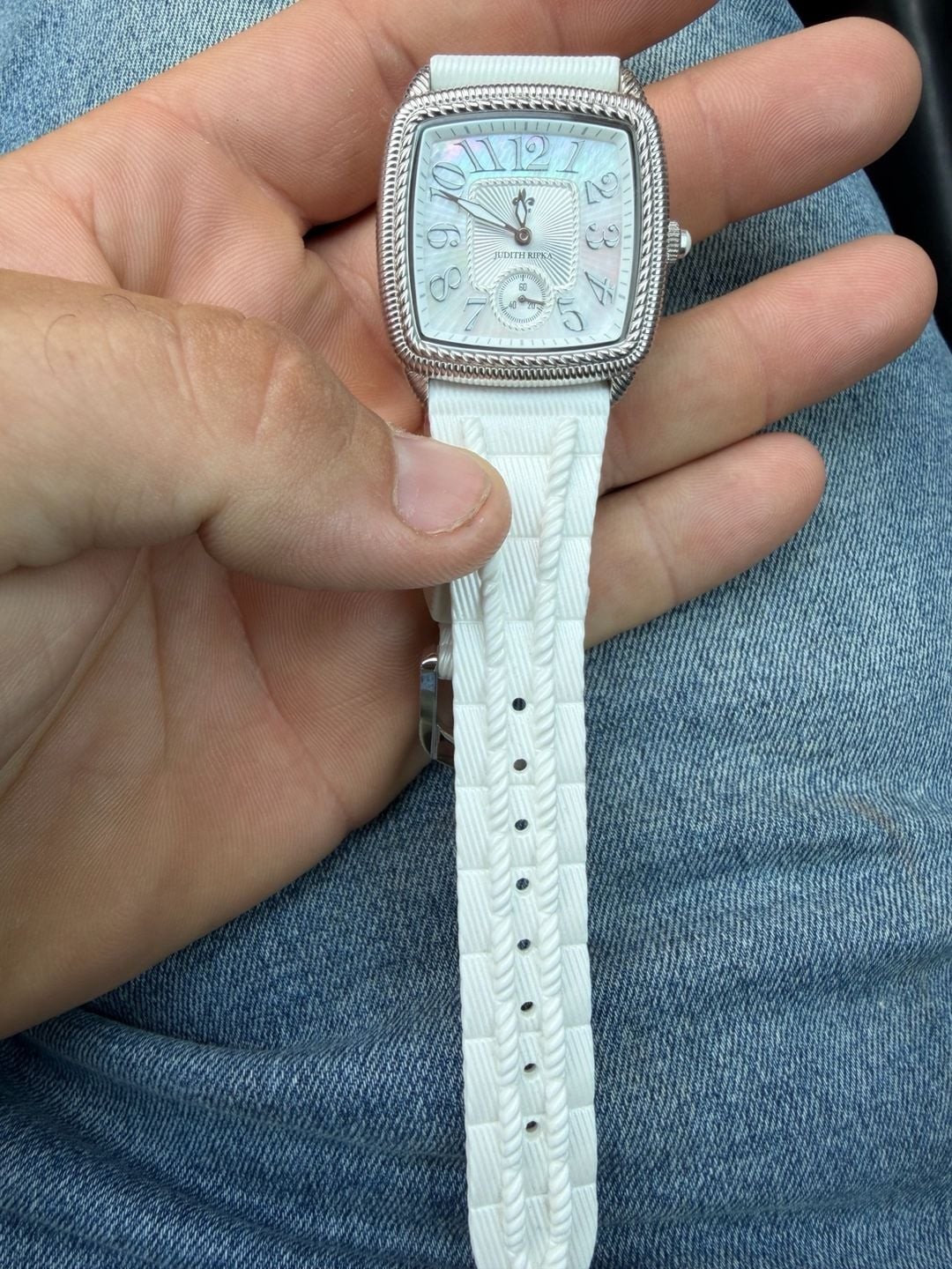 Judith Ripka Stainless Rectangular Watch w/White Silicone strap and M.0.P Dial