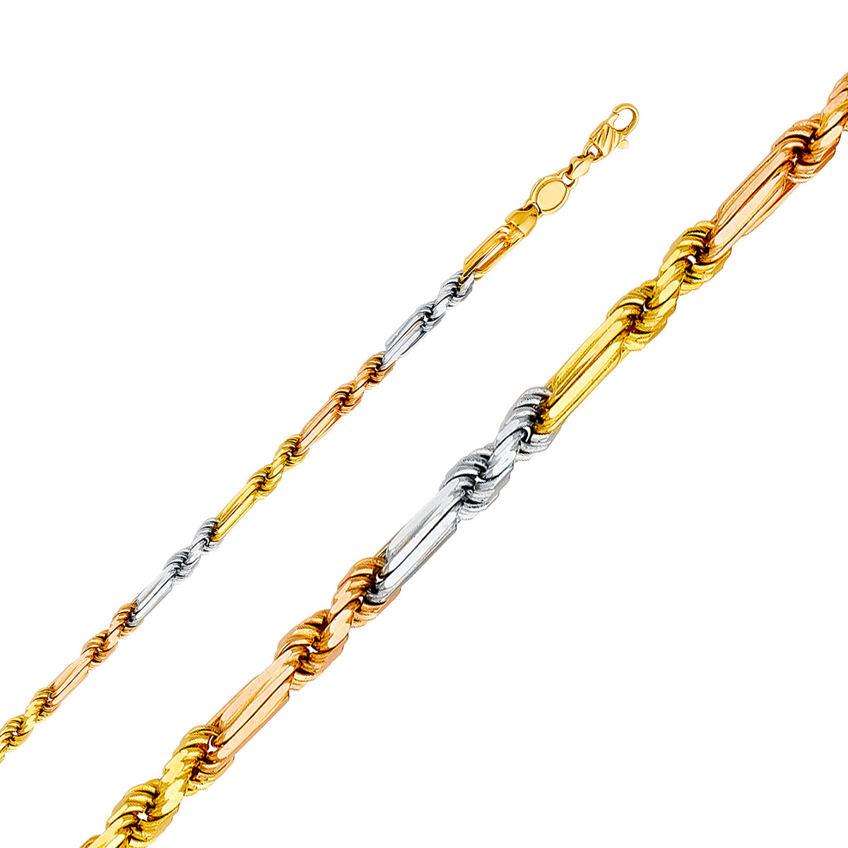 Mens 14K Solid Tri Color Gold 4mm Figarope Chain / 8.5″-26”