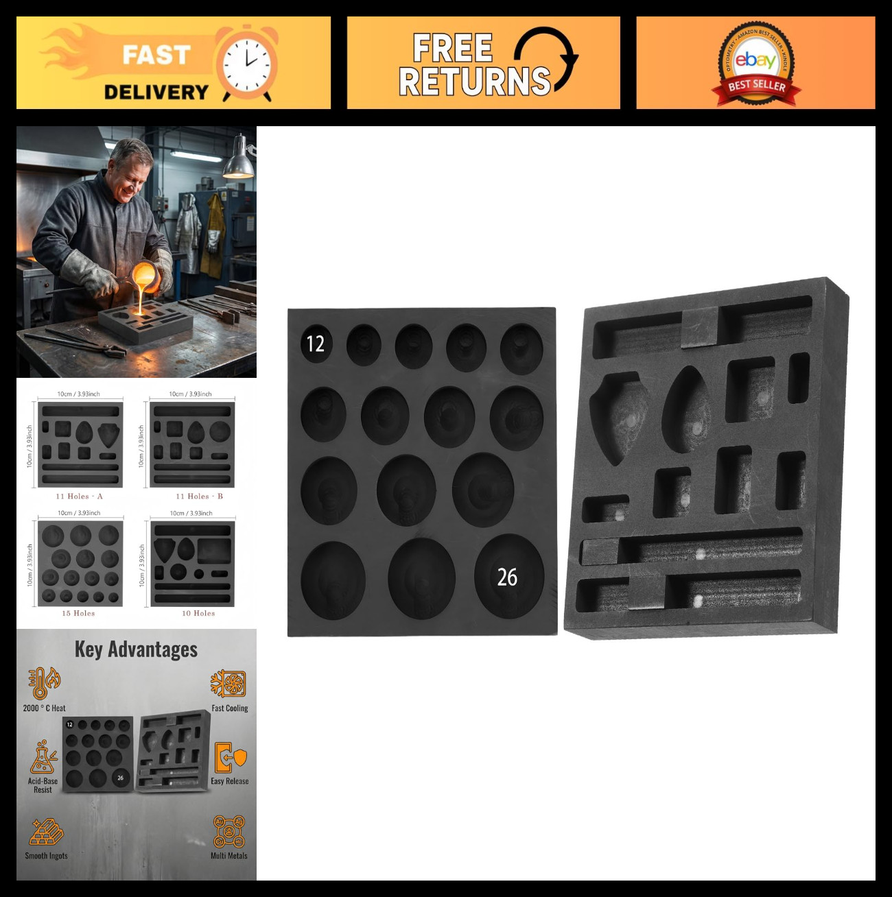 2 Pack Graphite Ingot Molds Set – 11 & 15 Hole Metal Casting Molds for DIY Gold