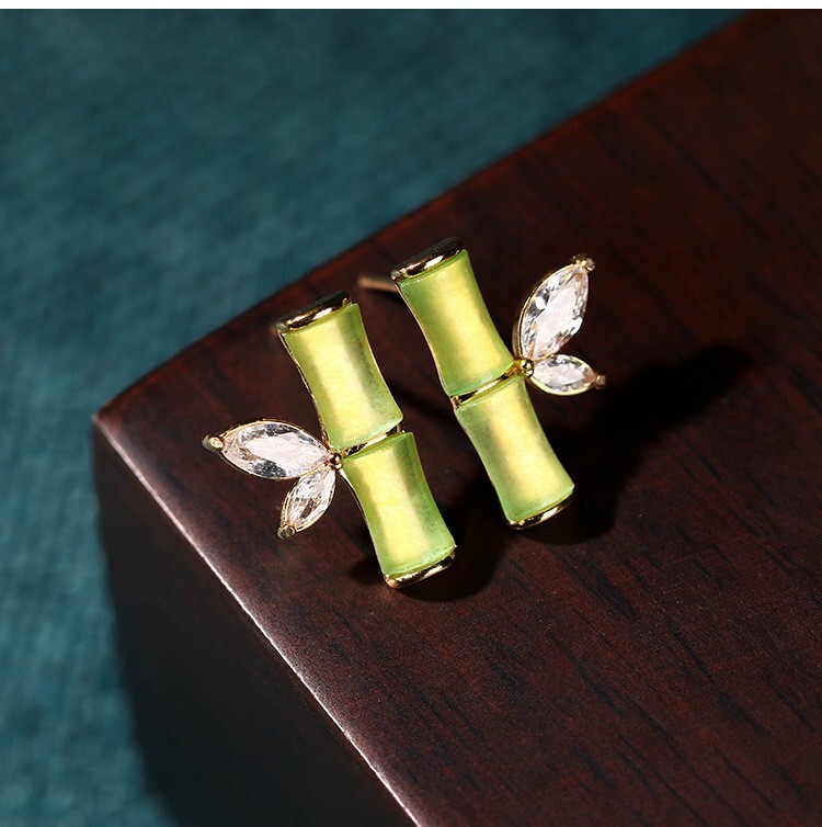Jade Crystal Stud Earrings Bohemian Minimalist Bamboo 18K Gold Plated Gemstone