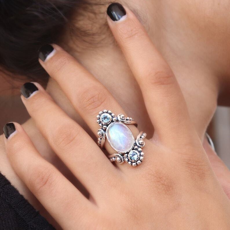 Moonstone & Aquamarine Ring 925 Sterling Silver Ring Gemstone Ring Women’s Ring