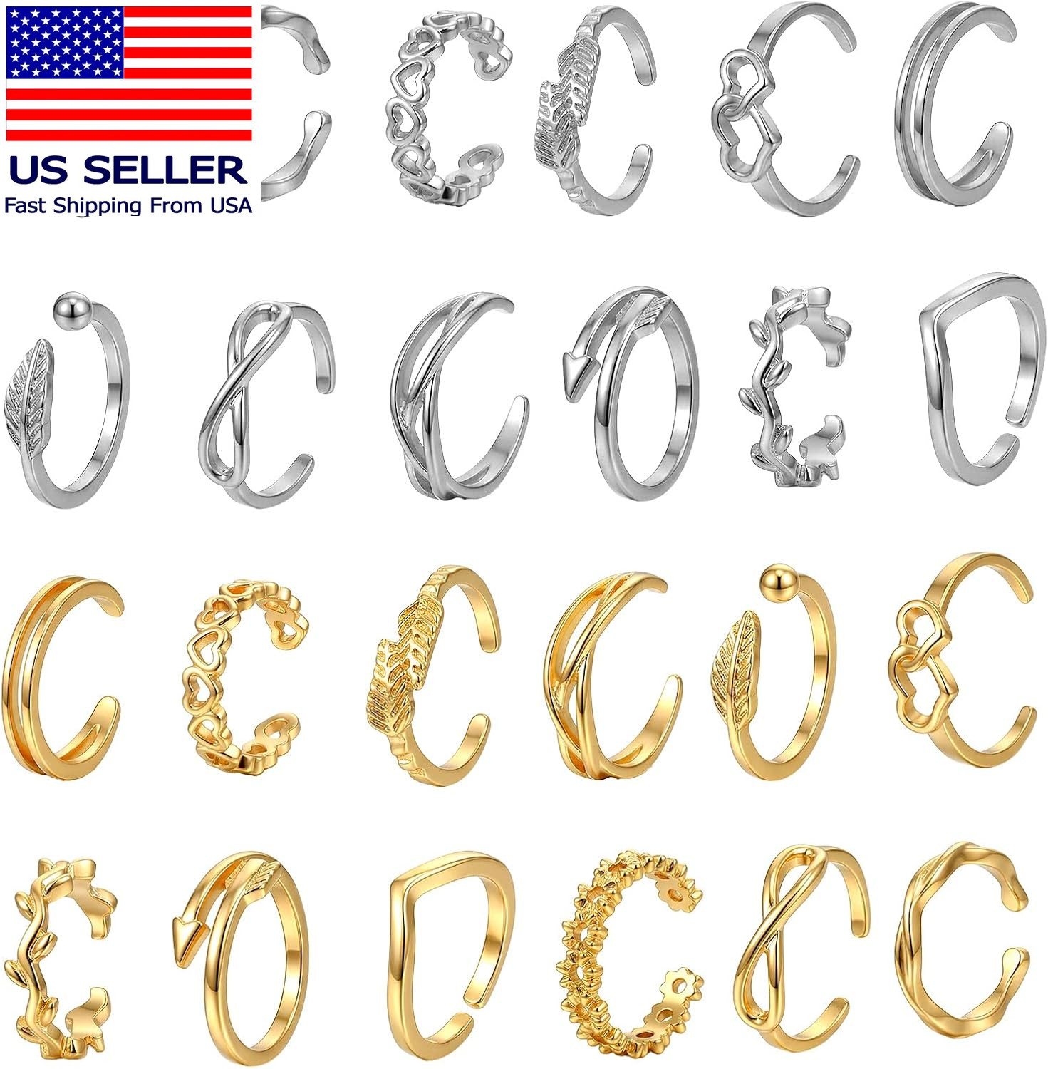 24PCS Toe Rings for Women Toe Rings Silver Adjustable Women’S Rings Stainless St