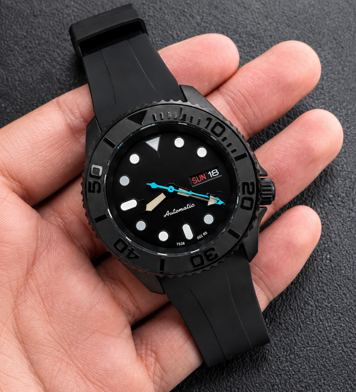 Custom Built – Stealth Black NH36 Automatic Day Date 40mm Rubber Watch