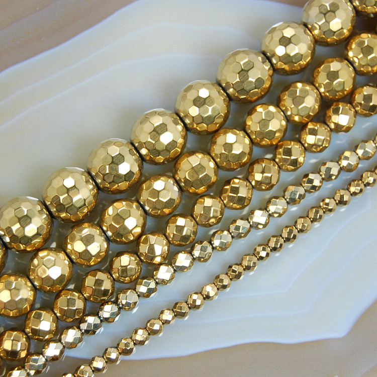 Hematite Gold Faceted Round Beads 15.5″ 3mm 4mm 6mm 8mm 10mm 12mm