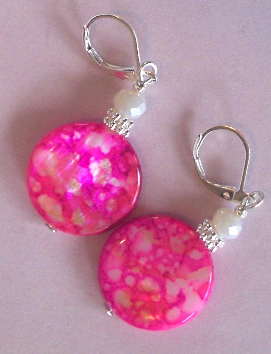Pink Splash SHELL White Crystal earring LEVERBACK artisan XX