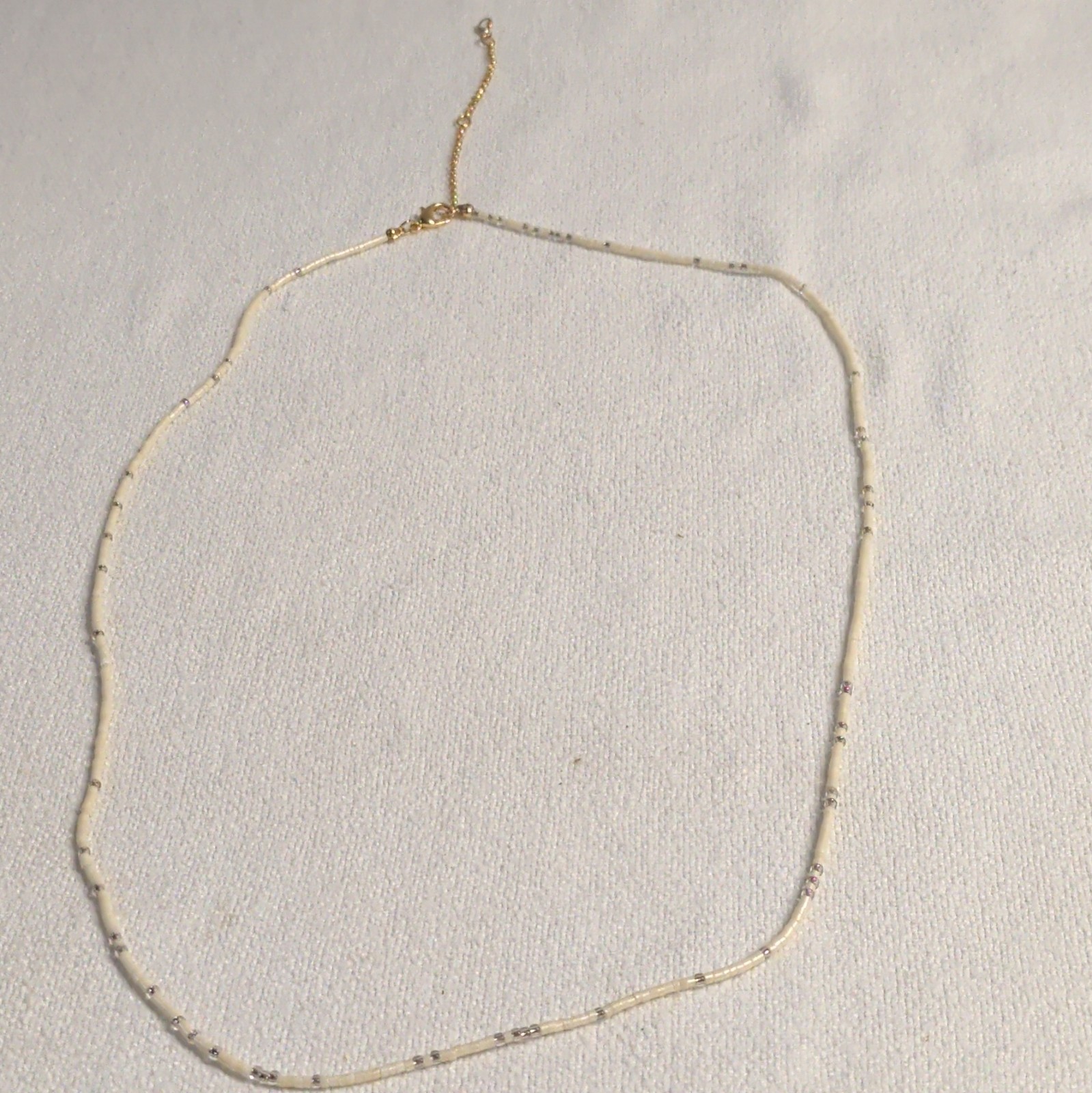 White Glass Beaded Necklace Gold Tone Metal Cable Chain Adjustable Spring Ring