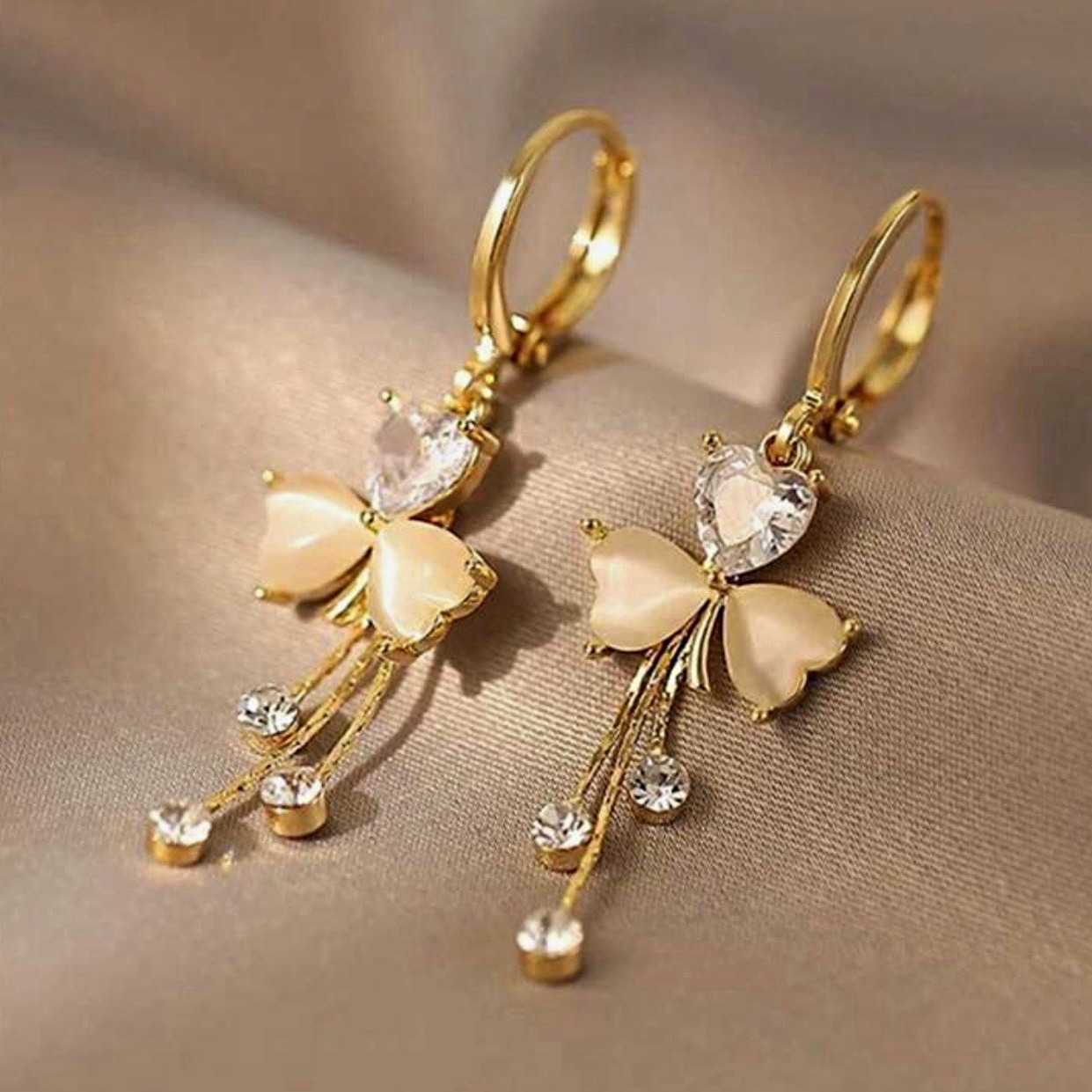 Gold-Tone Butterfly Clear Crystal Heart Dangle/Drop Hoop Earrings, Latch Back