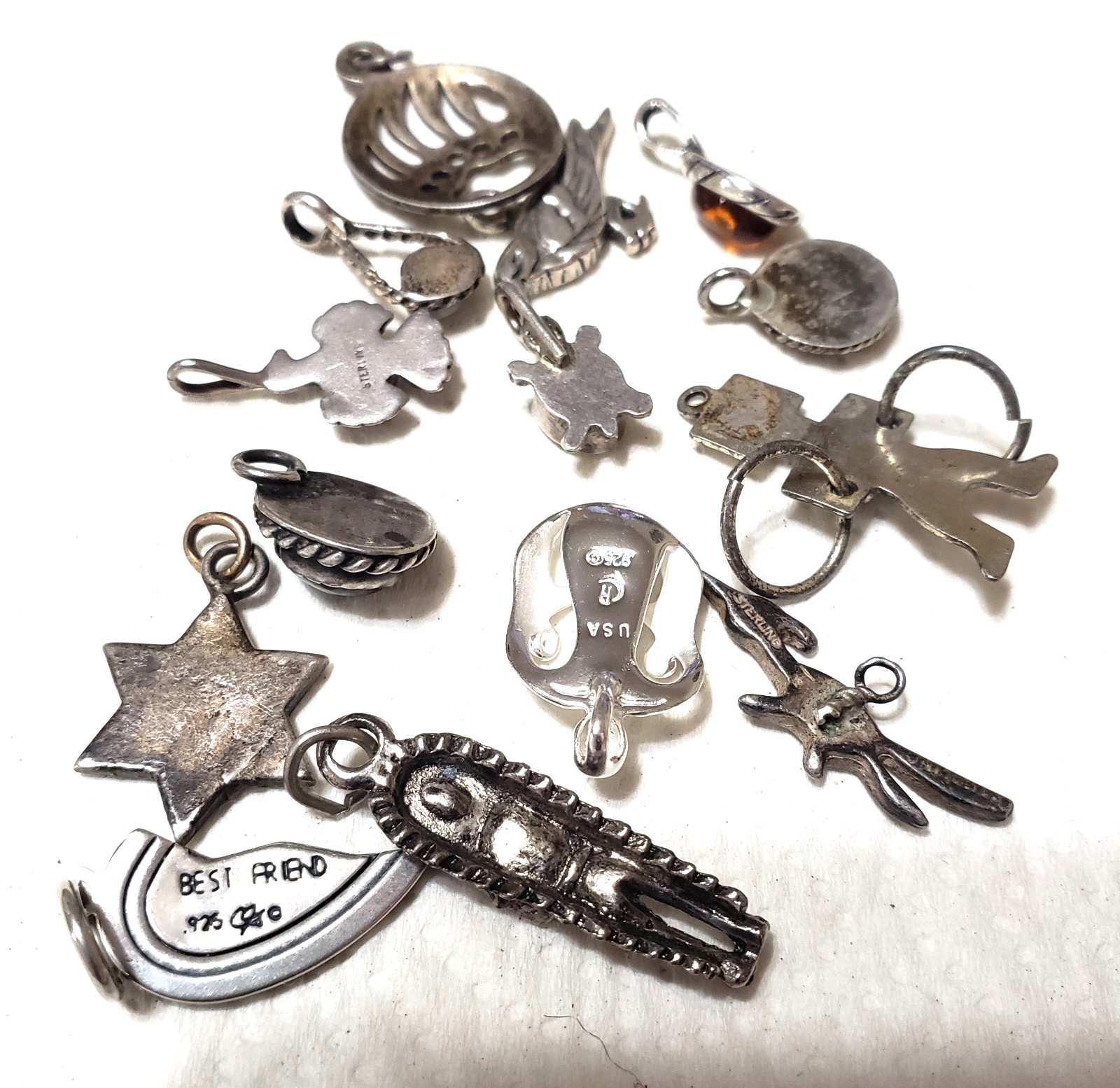 VINTAGE HAND MADE NATIVE AMERICAN SILVER CHARM LOT INLAYED ZUNI NAVAJO