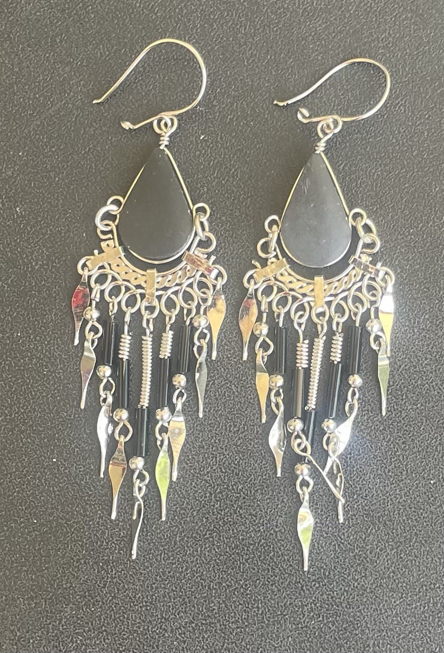 Peruvian Black Onyx Semi-Precious Stone Seed Bead Earrings Handmade Boho Peru
