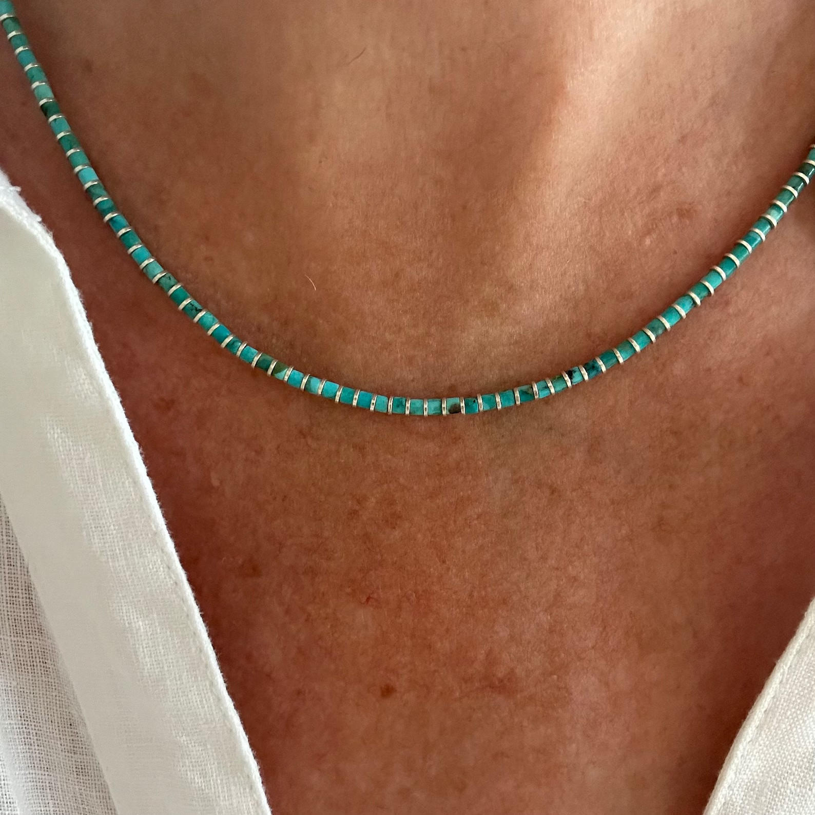 2mm Blue Turquoise Heishi Necklace & Silver Beads, Dainty Modern Contemporary